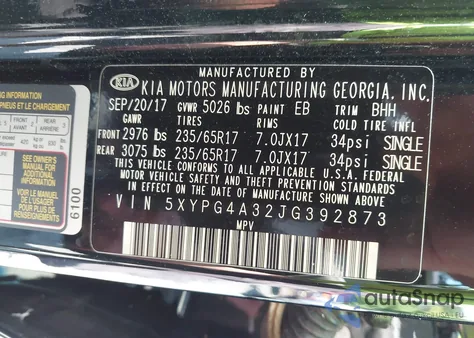 2018 Kia Sorento 2.4L Lx из США, поврежденный, VIN 5XYPG4A32JG392873